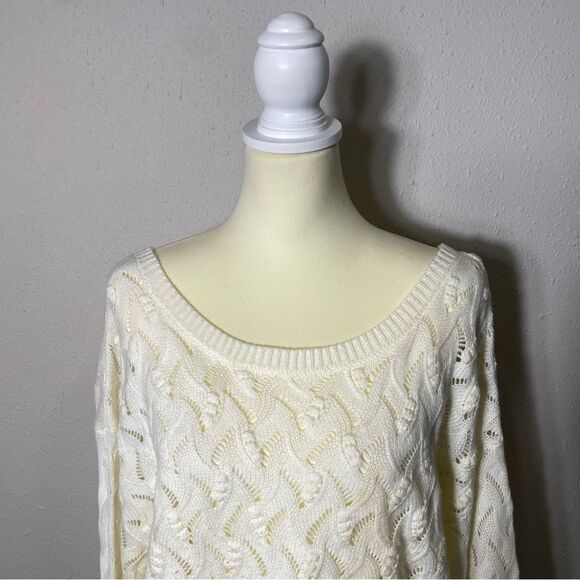 Andree by Unit White Knit Crochet Wide Scoop Neck Sweater Women's Size Large - Picture 13 of 16